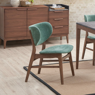 Mid-Century Modern Dining Chairs Set of 2 – Sleek Green Upholstered Side Chairs with Walnut Finish Wooden Legs, Ergonomic Curved Backrest, High-End Contemporary Kitchen Furniture