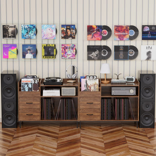 Record Player Stand with Adjustable Shelves – Holds 350+ Vinyl Records – 27.6" Turntable Media Console, Speaker Shelf & 2 Drawers for Living Room Storage