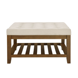 Upholstered Coffee Table Tufted Linen Large Square Ottoman with Beech Wood Shelf and Frame, Oversized Footrest Ottoman for Living Room,Office,Bedroom,Outdoor  IVORY