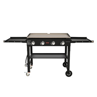 Commercial Griddle on Cart, 36" Heavy Duty Manual Flat Top Griddle – 4-Burners, 60,000 BTU LPG Gas, Portable Outdoor Cooking Station with Side Shelves
