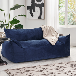FILA Velveteen 2 Seater Oversized Bean Bag Chair w/ Armrests | Luxury Navy Blue Velvet Fabric | Giant 60" Wide Lounge Sofa for Adults | Ergonomic Comfy Home Theater, Dorm, Living Room Seating (60"x40"x23")
