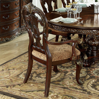 Traditional Formal Armchairs Set of 2 – Rich Cherry Finish with Gold Tipping, Premium Fabric Upholstered Dining Chairs, Heavy Duty Wooden Armchairs for Dining Room &amp; Formal Living, 2p