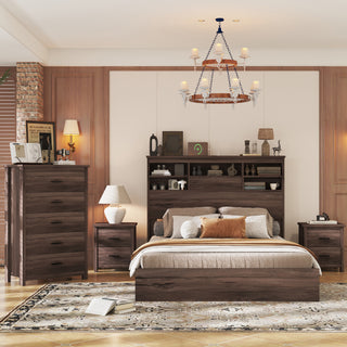 4-Pieces Bedroom Sets Queen Size Vintage Wooden Bed Frame with 2 Nightstands and 1 Dresser,Dark Walnut