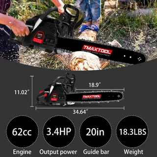 TMAXTOOL 62cc Powerful 20 inch Gas Chainsaw with 2 Stroke - Perfect for Pruning, Limbing, and Sawmill Operations-black