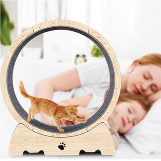 37" Cat Exercise Wheel for Indoor Cats | Natural Wood Running Wheel with Carpeted Runway