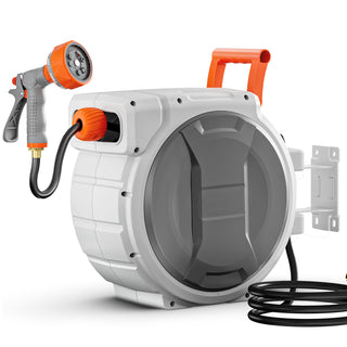 Retractable Garden Hose Reel, 5/8 Inch x 100 ft Wall Mounted, Heavy Duty with 9-Pattern Nozzle, Adjustable Length Lock, Upgraded Slow Return System & 180° Swivel Bracket