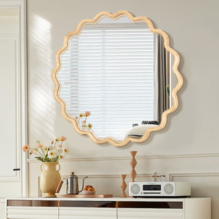 Solid Wood Wavy Mirror – 42" x 42" Natural Wood Vanity Mirror Wall Decor for Bathroom, Bedroom, Living Room, Dining Room, Entryway