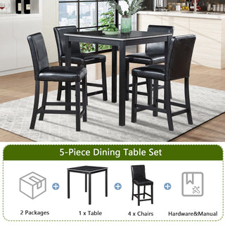 5PCs Counter Height Table Set, Wooden Kitchen Table Set with Square Table and 4 Upholstered Chairs, Counter Height Dining Table with Crystal Decoration and Chair Set for Kitchen, Dining Room, Black