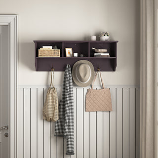 Espresso Entryway Wall Mounted Coat Rack with 4 Dual Hooks Living Room Wooden Storage Shelf