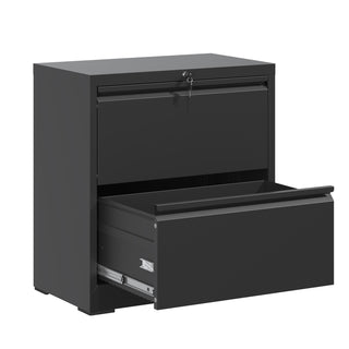 Premium 2 Drawer Metal Lateral File Cabinet with Lock, Black Steel Wide Horizontal Filing Cabinets for Home Office