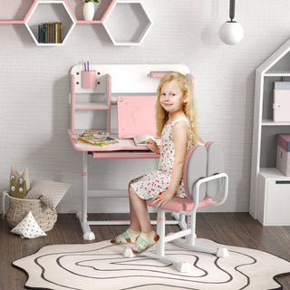 Qaba Kids Desk and Chair Set, Height Adjustable Kids School Study Desk and Chair Set with Tilt Desktop, Storage Drawer and Reading Rack for Writing, Reading and Drawing, Pink