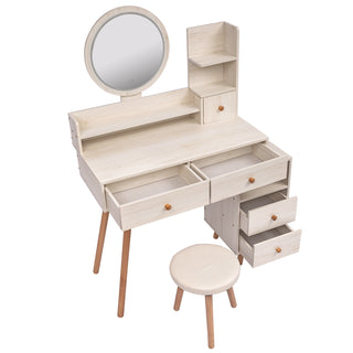 CRAZY ELF Stylish Vanity Table with Cushioned Stool - Touch Control LED Mirror, 5 Drawers, Adjustable Length (L31.5"-43.2" x W15.8" x H48.1") - Large Capacity Storage Makeup Furniture