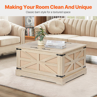 Rattan Coffee Table, Rectangle PE Rattan Woven Wood Coffee Table with MDF Top, 32-Inch Modern Boho Style Storage Coffee Table with Retro Metal Hinges, for Living Room, Bedroom & Small Spaces