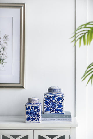 Hand painted blue and white ceramic square canister, view 10