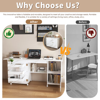 57.5' Foldable Sewing Machine Table with Locking Casters, Multi-Storage Craft Station with Shelves, Bins & Cabinet, Adjustable Sewing Cabinet for Home, Bedroom, and Craft Room(White)