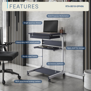 Rolling Laptop Cart with Storage, Graphite