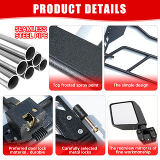 Tube Doors with Side View Mirror for 2018-2024 Jeep Wrangler JL JLU & Gladiator JT 4-Doors (Includes 4XE) 4-piece set Off Road Summer Trail Adventure