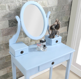 Moniys Wood Moniya Blue Makeup Vanity Table &amp; Stool Set - Modern 3-Drawer Dressing Table with Adjustable Mirror
