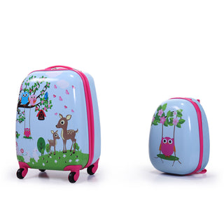 2 PCS Kids Luggage Set, 12' Backpack and 16' Spinner Case with 4 Universal Wheels, Travel Suitcase for Boys Girls, Light Blue with Animal Patterns
