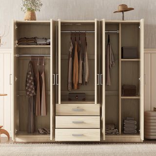 6-Doors Wooden Wardrobe Storage for Bedroom, with Big Drawers, Natural