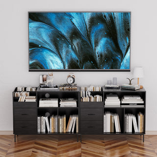 Record Player Stand with Power Outlet & Flip-Down Lid – 27.6" Turntable Table for 300+ Vinyls, Black Wood Grain Media Console with 2 Drawers