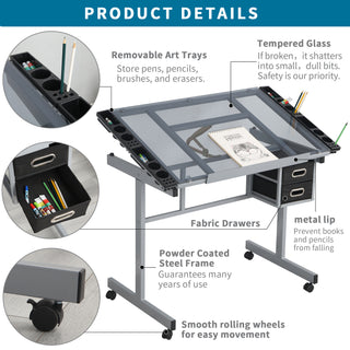 Adjustable Art Drawing Desk Craft Station & Drafting Table – Tilting Tabletop, 2 Fabric Drawers, Storage Shelves & 4 Caster Wheels – Studio/Home Office