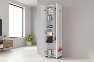 FM FURNITURE Aiken Broom Cabinet White - Narrow Utility Storage with Broom Hangers