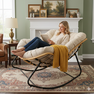 Outdoor Rocking Chair – Beige Patio Egg Rocking Chair, Indoor Papasan Rattan Wicker Lounge Chair, Modern Royal Chair for Bedroom, Living Room, Porch, Garden & Lawn