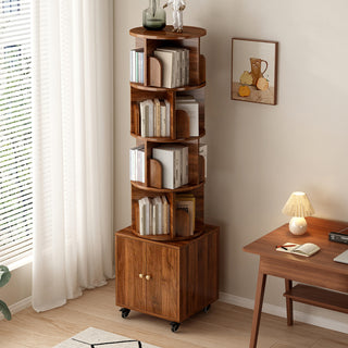 360° Rotating 5-Tier Corner Bookshelf – Floor-Standing Narrow Bookcase with Drawer, Walnut Color for Bedroom & Living Room