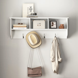 White Entryway Wall Mounted Coat Rack with 4 Dual Hooks - Modern Wooden Storage Shelf
