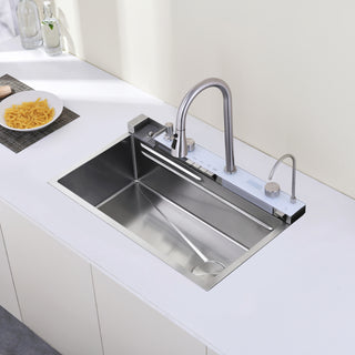 Dark Gray 304 Stainless Steel Sink with Pull-Out Faucet | Whale Waterfall Single Bowl Kitchen Sink