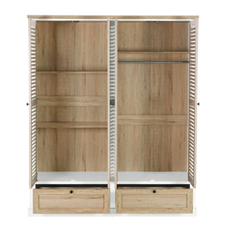 4 Shutter Door Wardrobe Armoire Closet with 2 Drawers, Natural and White