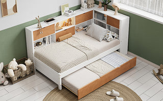 L-Shaped Bed Frame with Trundle & Bookcase – Wooden Captain Bed with LED Downlight & USB Port for Small Room, Twin Size, Walnut & White