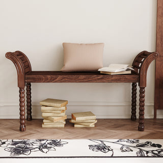 Elegant Retro Style Bench with Turned Legs, Bed End Bench for Bedroom or Living Room Decor, Walnut
