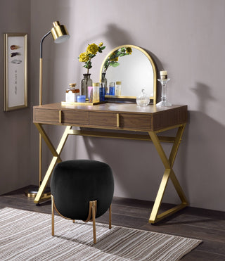ACME Coleen Walnut &amp; Gold Vanity Desk with Mirror &amp; Jewelry Tray - Modern 2-Drawer Dressing Table with X-Shape Metal Frame