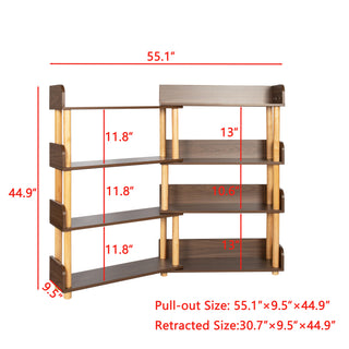 4 Tier Retractable & Rotatable Bookcases, Wooden Corner Book Shelf, Storage Rack for CDs/Movies/Books, Rustic Brown Bookcase, Utility Organizer Shelves for Living Room Home Office Bedroom