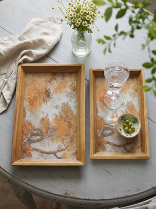 Set of 2 Acacia Wood Mirrored Tray, L:17.5x11'  S:15x9.5'