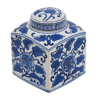 Hand painted blue and white ceramic square canister, view 3