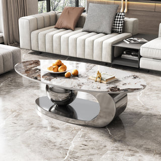 49.2" Oval Faux Marble Coffee Table - Modern Living Room Table with Stainless Steel Base