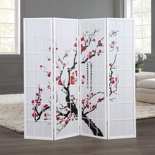 Elandra 4-Panel Room Divider, Light-Filtering Non-Woven Fabric Panels, Plum Blossom Print, Foldable Freestanding Privacy Screen, White