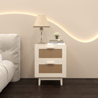 Rattan Nightstand, Wood End Table with 2 Faux Rattan-Decorated Drawers, Bedside Table, Wood Accent Table with Storage for Living Room, Bedroom – Burly Wood