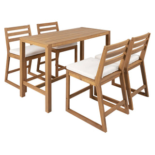 TREXM Rustic Patio Bar Set with Ergonomic Chairs, Solid Wood Slatted Tabletop in Light Teak with Beige Cushion for Poolside, Balcony, Backyard, Porch