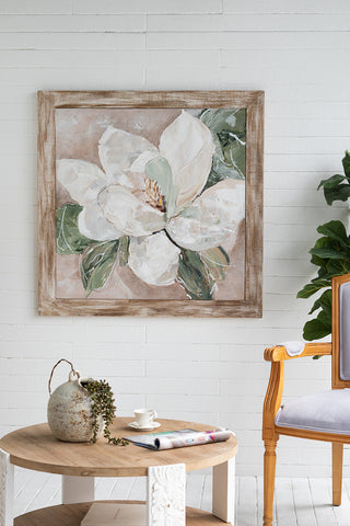 39.4x39.4x1.2' Hand-Painted White Magnolia Art with Rustic Fir Wood Frame