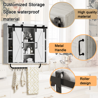 Rustic Wood Wall Storage Cabinet with Two Sliding Barn Doors, 3-Tier Farmhouse Vintage Cabinet for Kitchen, Dining, Bathroom, Living Room – Vintage Gray