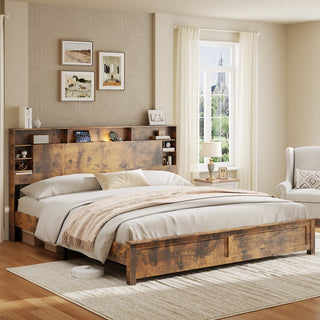 King Size Bed Frame with Bookcase Headboard, LED Lights & USB Charging