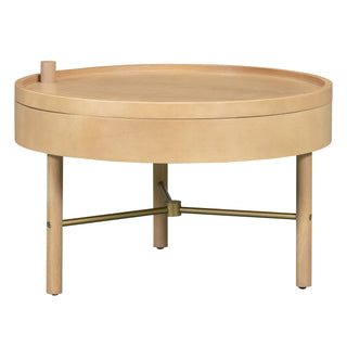 Modern Round Wood Rotating Tray Coffee Table with Storage & Metal Legs in Natural