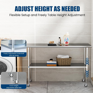 30x60 Inch Stainless Steel Table with Wheels | Commercial Metal Prep Table with Adjustable Undershelf