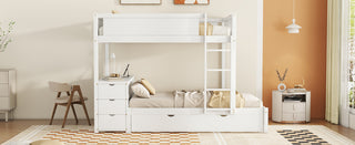 Full-Over-Full Bunk Bed with Twin size Trundle, Storage and Desk, White