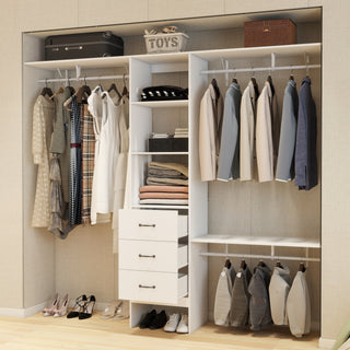 96 Inches Closet System, 8FT Walk In Closet Organizer with 3 Adjustable Shelves & 3 Expandable Hanger Rods & 3 Drawers, Built-In Garment Rack, 96"L x 16"W x 82"H, Load 1000 LBS-White