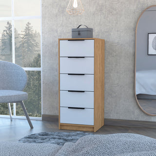 Kaia 5-Drawer Vertical Dresser - Modern White and Pine Chest of Drawers for Bedroom Organization